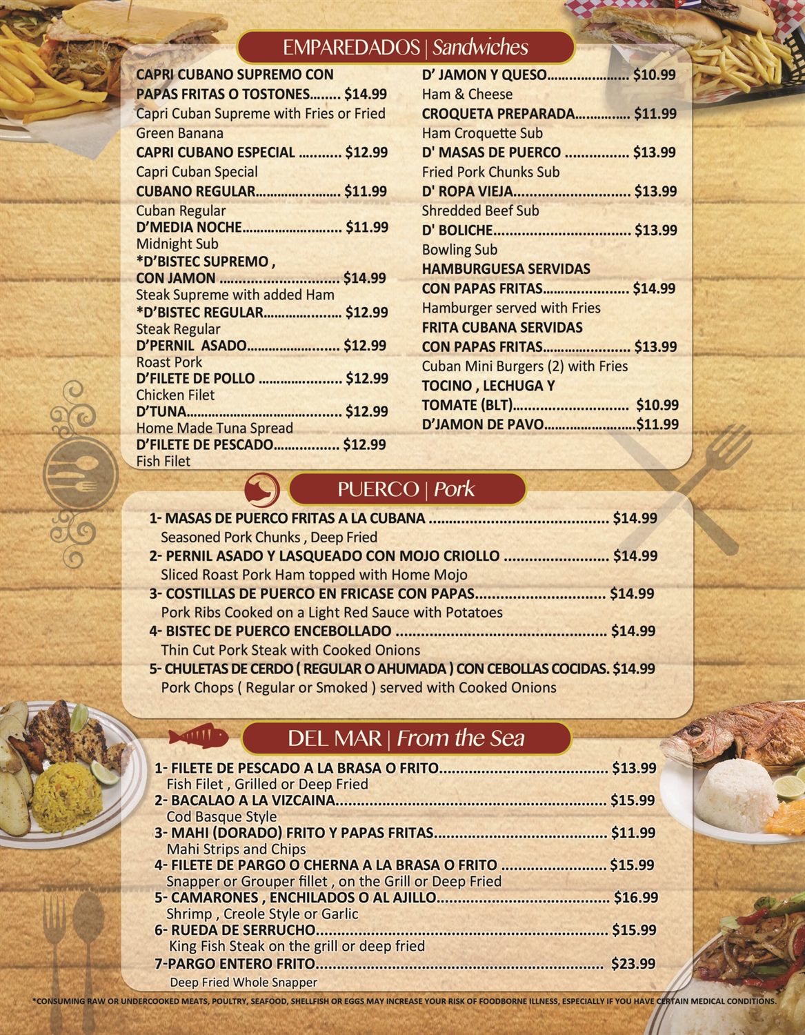 Capri printed menu — sandwiches, pork, seafood
