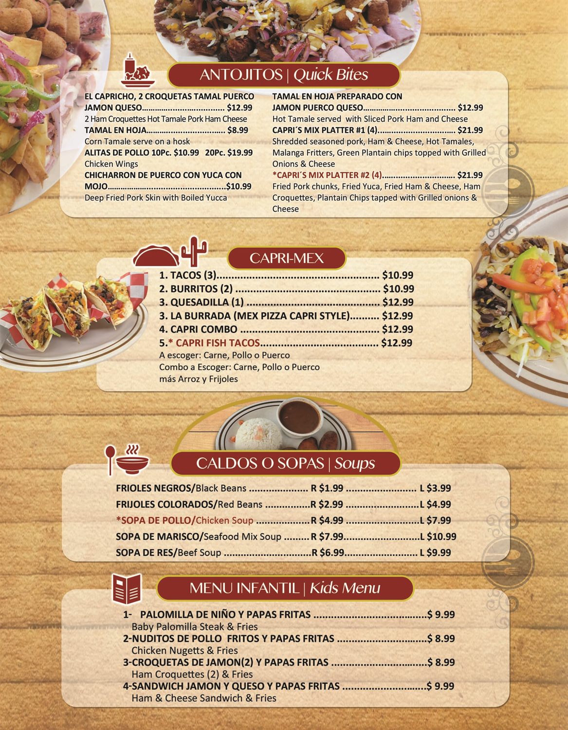 Capri printed menu — antojitos, Capri-Mex, soups, kids