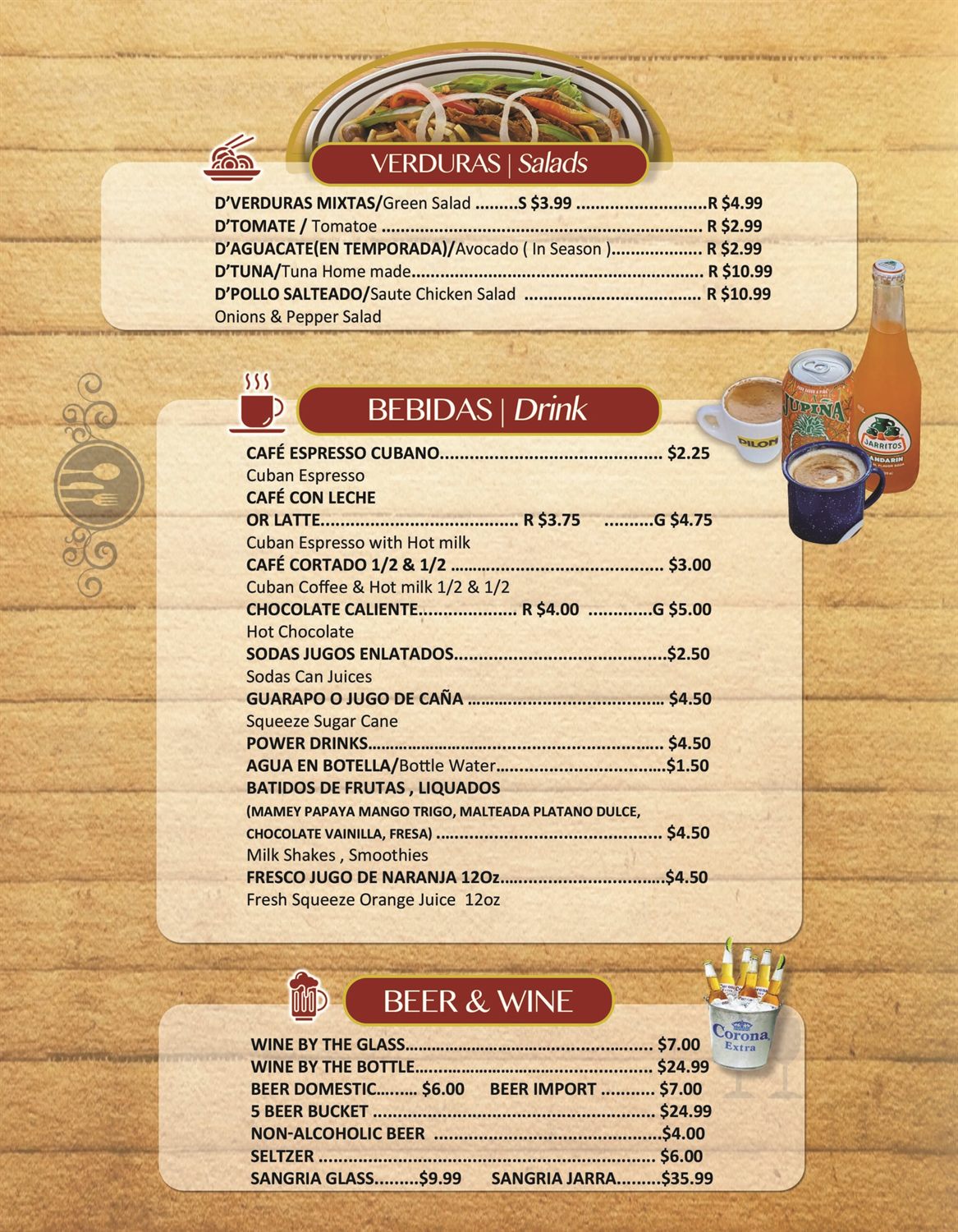 Capri printed menu — salads, drinks, beer & wine